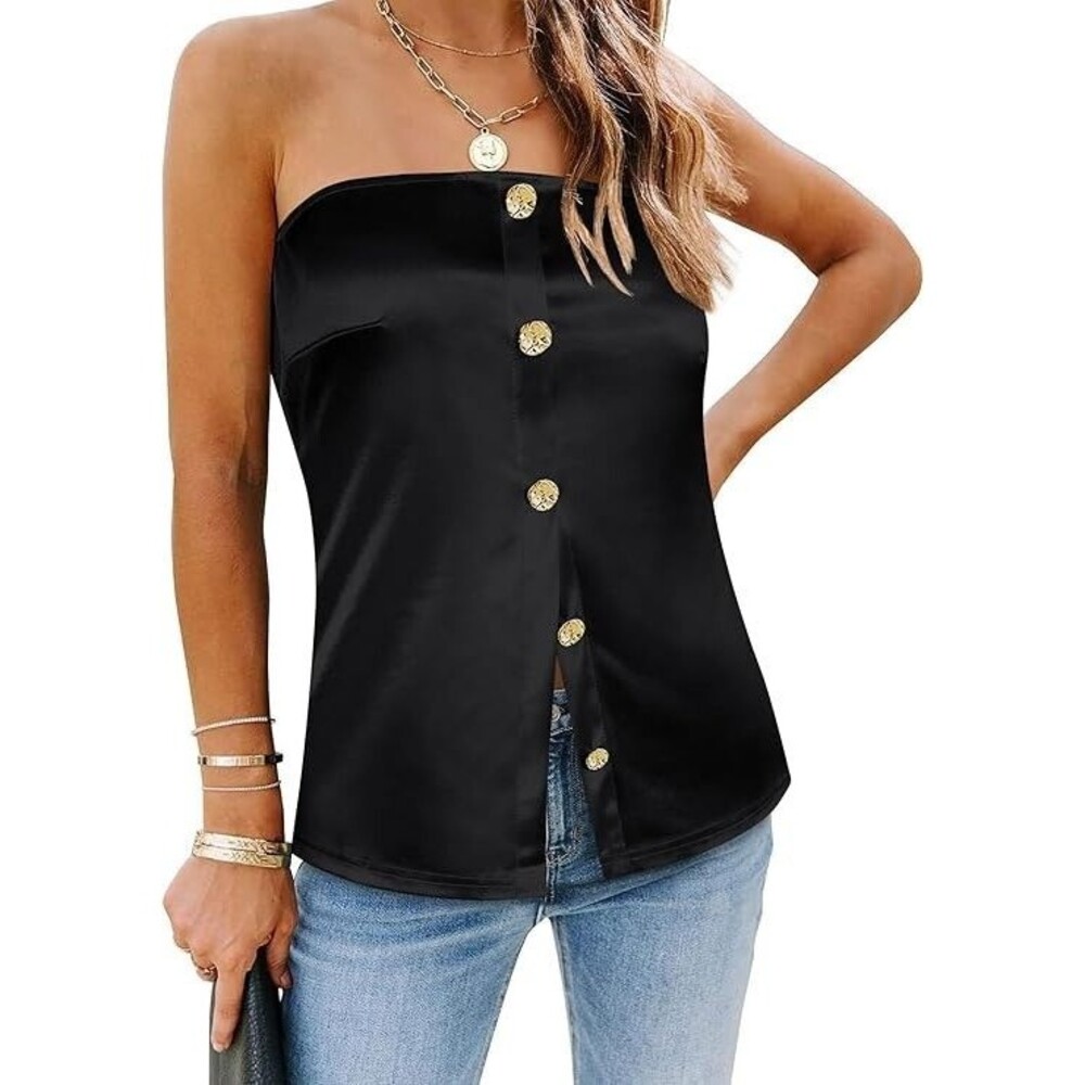 Womens Satin Strapless Tube Tops Sleeveless Button Down Split Bandeau Silk Small